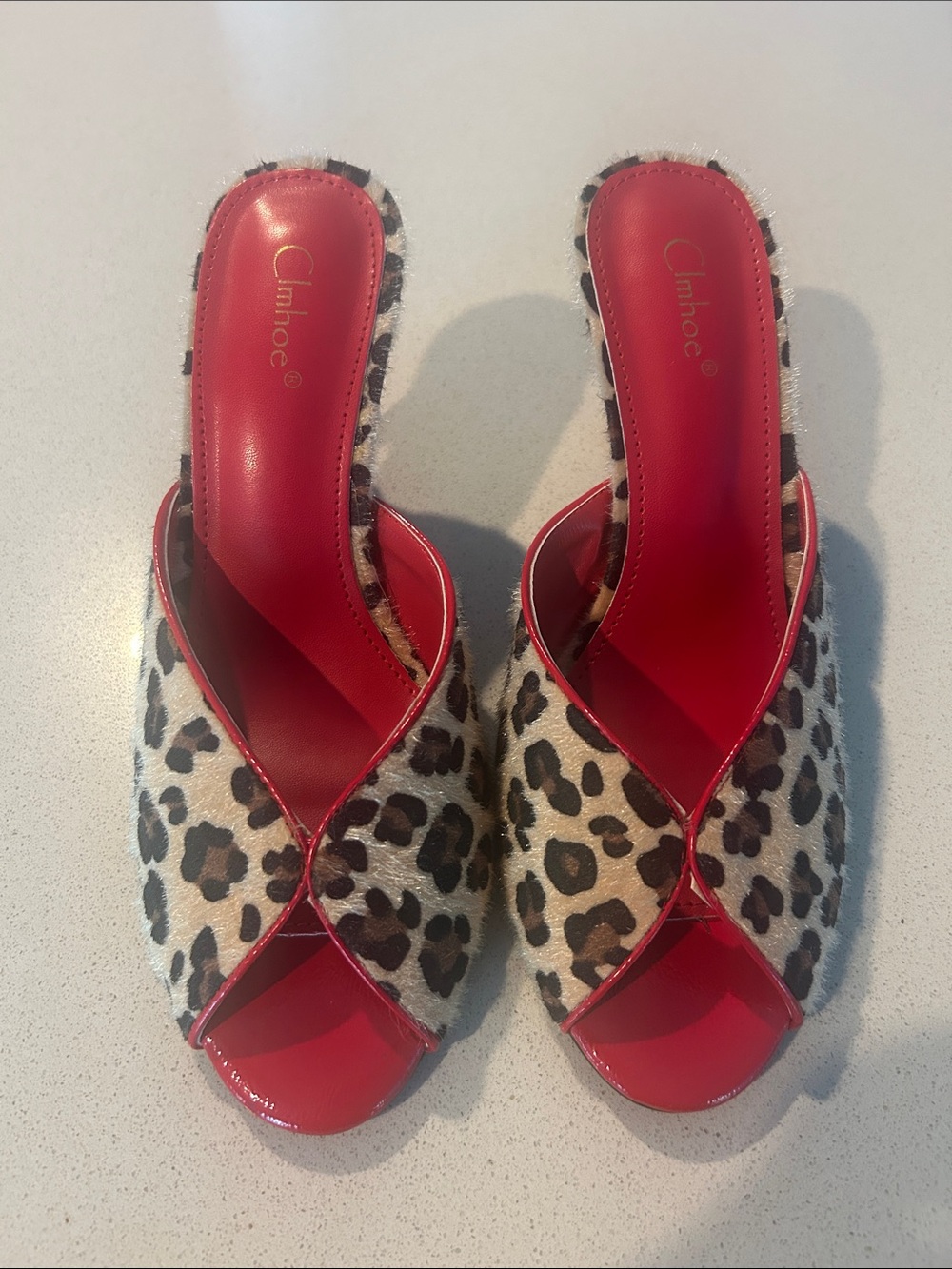 Leopard Print Peep-Toe Mules with Red Insole